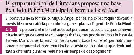 Notcia publicada a la publicaci municipal de l'Ajuntament de Gav (El Bruguers) sobre la demanda de Cs de Gav d'una base fixa de la policia local a Gav Mar (4 Febrer 2009)